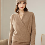 100% Pure Cashmere Cross V-neck Slim Top Sweater
