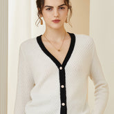 V-neck Loose Knitted Contrast Trim Button-Up Sweater Cardigan