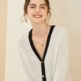 V-neck Loose Knitted Contrast Trim Button-Up Sweater Cardigan