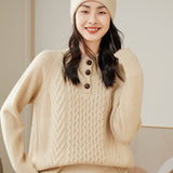 Textured Button-Neck Thickened Half Turtleneck Cashmere Sweater