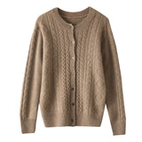 Round Neck Cashmere Women's Retro Cable Knit Sweater Cardigan
