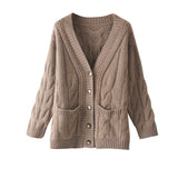 V-neck Knitted Loose Casual Cable Coat Thickened Sweater Cardigan