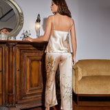 Luxury Women Flower Printed Cowl Neck silk Pajama Set