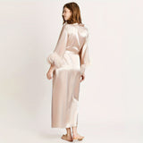 Women Silk Kimono Robes with Ostrich Feather Long Silk Robes
