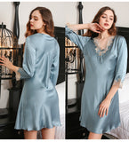 Women Silk Nightgown With Lace V-Neck Long Silk Nightdress
