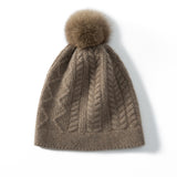 Winter Cable Knit 100% Cashmere Beanie with Fur Pom Pom