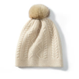 Winter Cable Knit 100% Cashmere Beanie with Fur Pom Pom