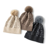Women's Warm Patterned Knitted Cashmere Hat with Fur Pom