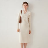 Women's V-neck Twisted Ribbed Wrap-Style Midi Sweater Dress
