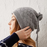 100% Pure Cashmere Drawstring Basket Knit Beanie – Adjustable Winter Hat for Women