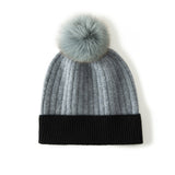 Two-Tone Cashmere Ribbed Beanie Hat with Fur Pom Pom