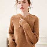 Cashmere Wool Blend Textured Knit Hoodie Sweater for Women – Cozy Waffle Knit Pullover