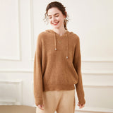 Cashmere Wool Blend Textured Knit Hoodie Sweater for Women – Cozy Waffle Knit Pullover