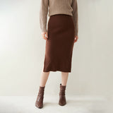 Textured Rib Straight Slit Knitted Hip Cashmere Midi Skirt Dress
