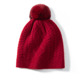 Winter Cable Knit 100% Cashmere Beanie with Fur Pom Pom