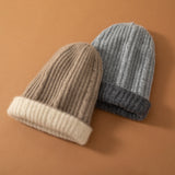 100% Cashmere Soft Warm Hat Two-Tone Cable Knit Beanie