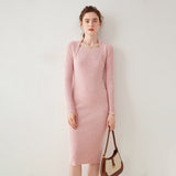Ribbed Square-Neck Cashmere Women's Long Knitted Midi Dress