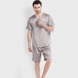 Men's Short Two Piece Henley Neck Silk Pajama Set