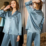 Classic Women Silk Pajama Set Long Sleeve Button Down Silk Pajamas