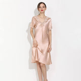 Women Silk Nightgown With Lace V-Neck Long Silk Nightdress