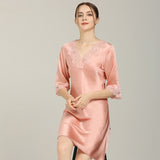 Women Silk Nightgown With Lace Short Sleeves Lace Silk Sleepwear