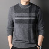 Pure Cashmere Stripe Menโs Modern Plaid Crewneck Sweater