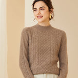 Women's Crew Neck Ribbed Pullover Cashmere Cable Knit Sweater