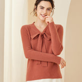 Women's Bow Tie Neck Cashmere Wool V Neck Knit Top Sweater