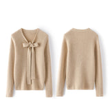 Women's Bow Tie Neck Cashmere Wool V Neck Knit Top Sweater