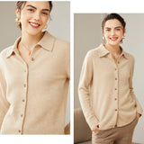Pure Cashmere Button-Down Knit Polo Collar Lapel Cashmere Cardigan