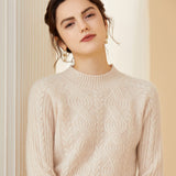 Women's Crew Neck Cable Knit Cashmere Wool Top Sweater