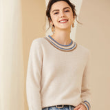 Round Neck Knitted Warm Contrast Trim Knit Top Cashmere Sweater