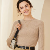 Crew Neck Soft Knit Pullover Slim Ribbed Cashmere Sweater