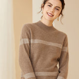 Cashmere Sweater for Women Mock neck Stripe Long Sleeve Soft Warm Cashmere Sweater