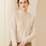 Warm Mock Neck Geometric Cable Knit Cashmere Wool Sweater