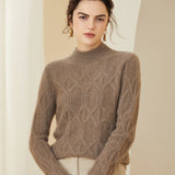 Warm Mock Neck Geometric Cable Knit Cashmere Wool Sweater