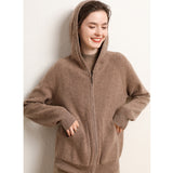 Women's Zip-Up Hooded Cashmere Cardigan Soft Knit Jacket