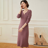 Women's Long V Neck Cashmere Sweater Soft Knit Midi Dress