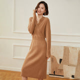 Women's Ribbed Knit Long Wrap Cashmere Sweater Midi Dress