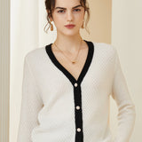 V-neck Loose Knitted  Contrast Trim Button-Up Sweater Cardigan