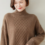 Turtleneck Loose Cable Pattern Cable-Knit Cashmere Sweater