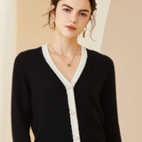 V-neck Loose Knitted  Contrast Trim Button-Up Sweater Cardigan