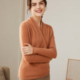 100% Pure Cashmere Cross V-neck Slim Top Sweater