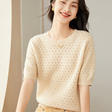 Round neck Half Turtleneck Women's 100% Pure Cashmere Sweater  Short Sleeve Hollow Thin Cashmere Sweater