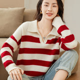 Polo Collar Warm Loose Striped V-Neck Sweater for Women