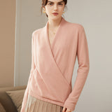 100% Pure Cashmere Cross V-neck Slim Top Sweater
