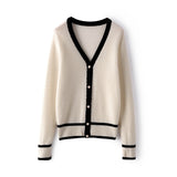 V-neck Loose Knitted  Contrast Trim Button-Up Sweater Cardigan