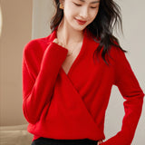 Cross V-neck Cashmere Wrap Slim Top Sweater for Women
