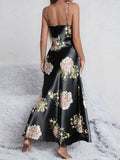 Women's Flower Print Silk Nightgown Long V Neck Silk Dresses