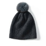 Winter Cable Knit 100% Cashmere Beanie with Fur Pom Pom